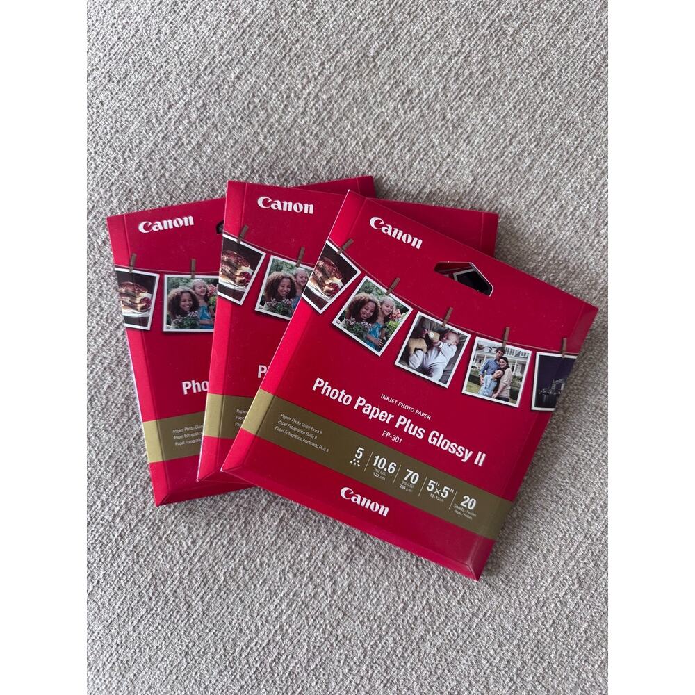 Canon PP-301 Photo Paper Plus Glossy II 5×5 in 20 sheets (Qty. 3) 10.6 Mil 70lbs